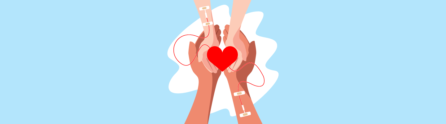 Illustration of hands holding hands holding a heart. Connected to the heart are two IV lines representing supporting each other with blood donation.