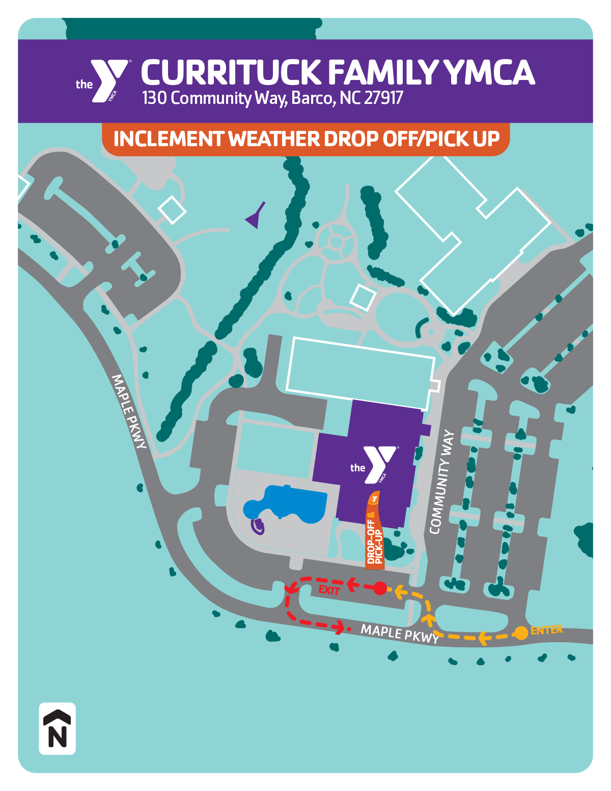 Summer camp inclement weather drop-off & pick-up locations for the Currituck Family YMCA