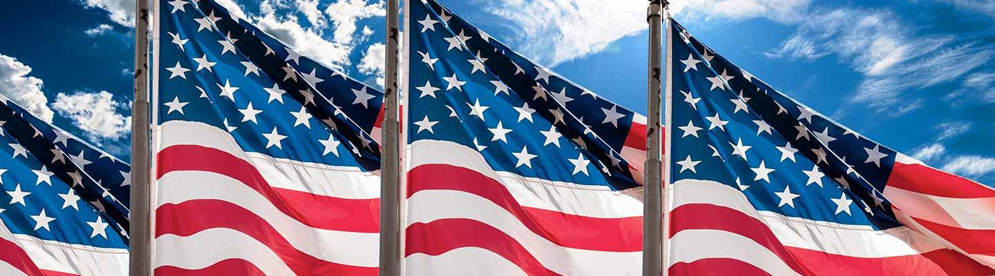 Row of U.S. flags against the sky