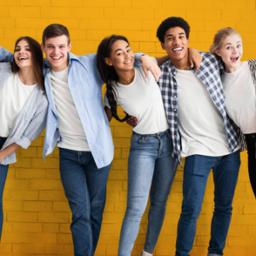 Yellow background with teens smiling with their arms around each other