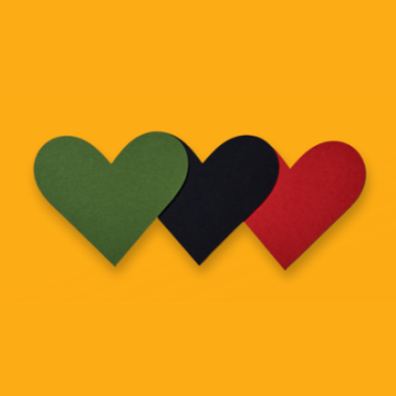 Three overlapping hearts, green, black and red, on a yellow background
